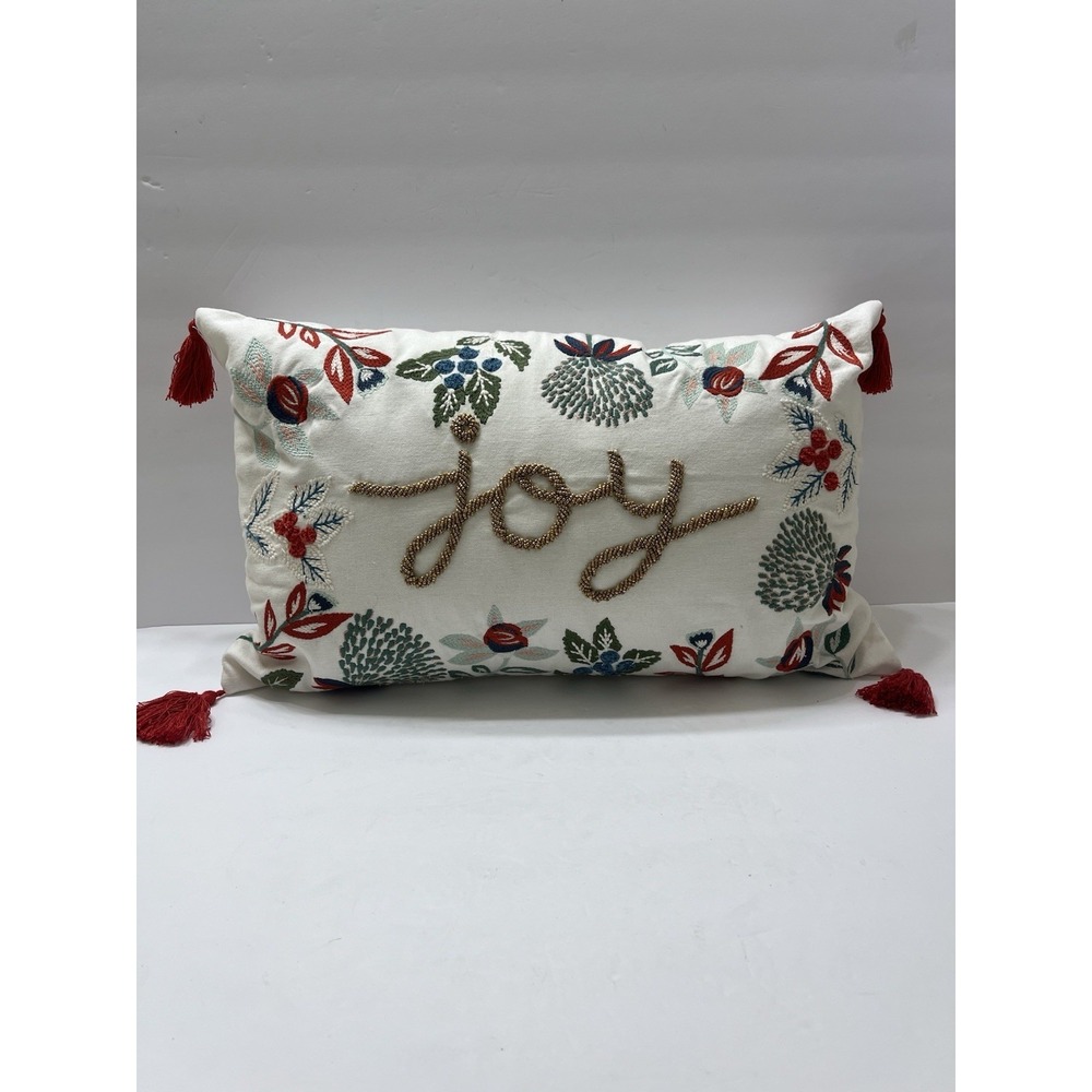 Christmas Throw Pillow Joy Beaded Embroidery White Gold Green Red Tassels 17x9.5